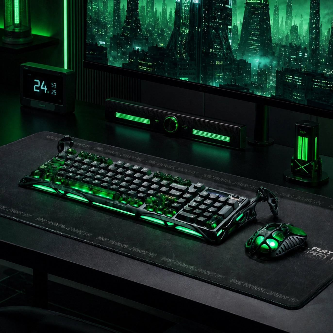 GravaStar Mercury K98 Pro Phantom Black 98% mechanical gaming keyboard futuristic cyber desk aesthetic setup showcasing glossy aluminum alloy exoskeleton, 1.65” TFT display, dual 8KHz polling rate, custom UFO switches, and ARGB lighting paired with Mercury M1 Pro mouse and Mars Pro speaker.