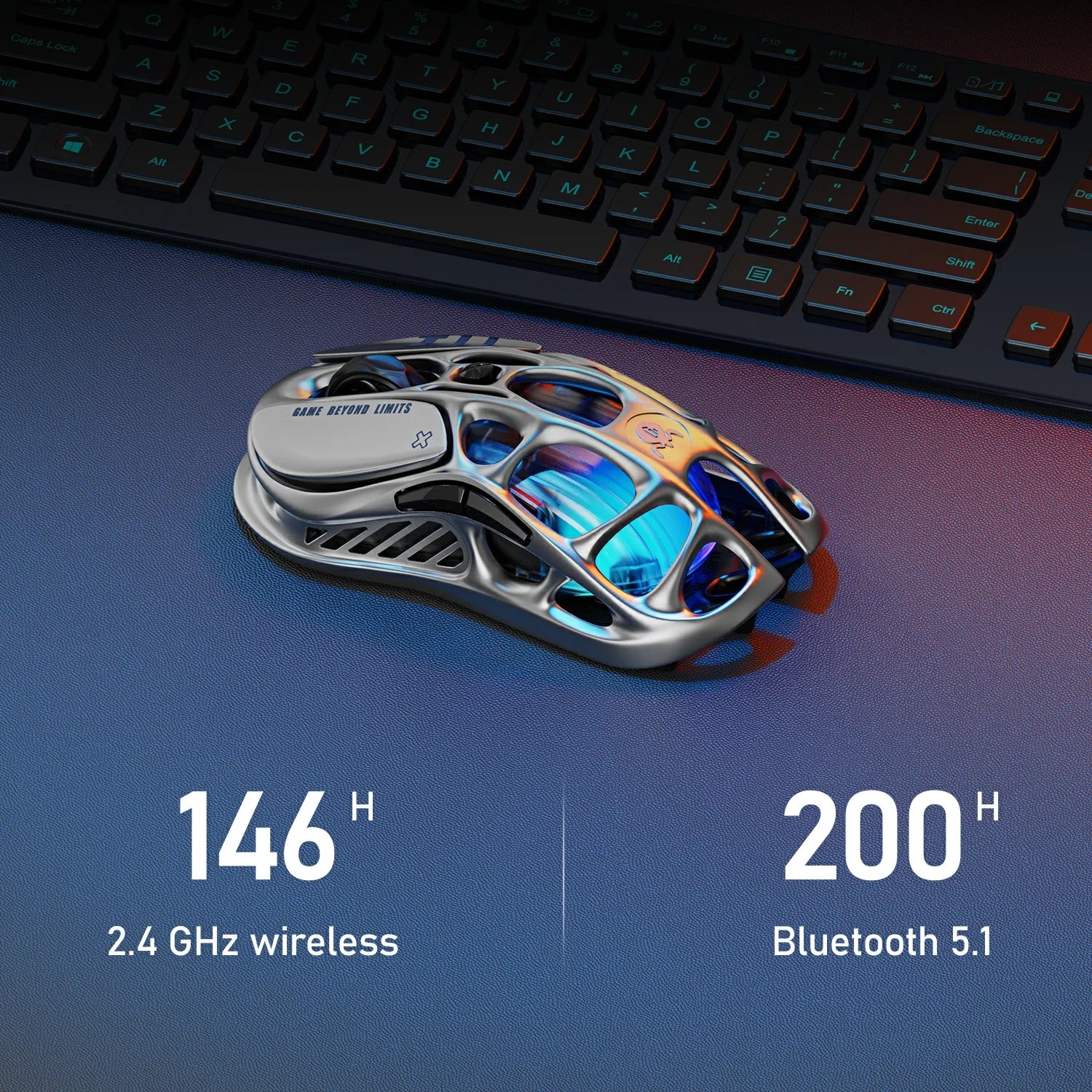 GravaStar Mercury M1 Pro Wireless Gaming Mouse Battle-Worn Silver Mist battery life diagram highlighting 146 hours on 2.4GHz wireless and 200 hours on Bluetooth 5.1 with magnesium alloy skeletal frame and ice blue RGB lighting.