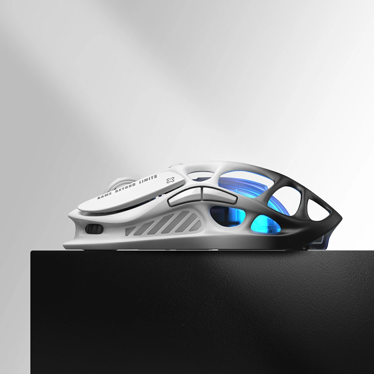 GravaStar Mercury M1 Pro Wireless Gaming Mouse Gradient Black side profile view featuring lightweight magnesium alloy skeletal frame design, PAW3395 26K DPI sensor, and ice blue RGB backlighting.