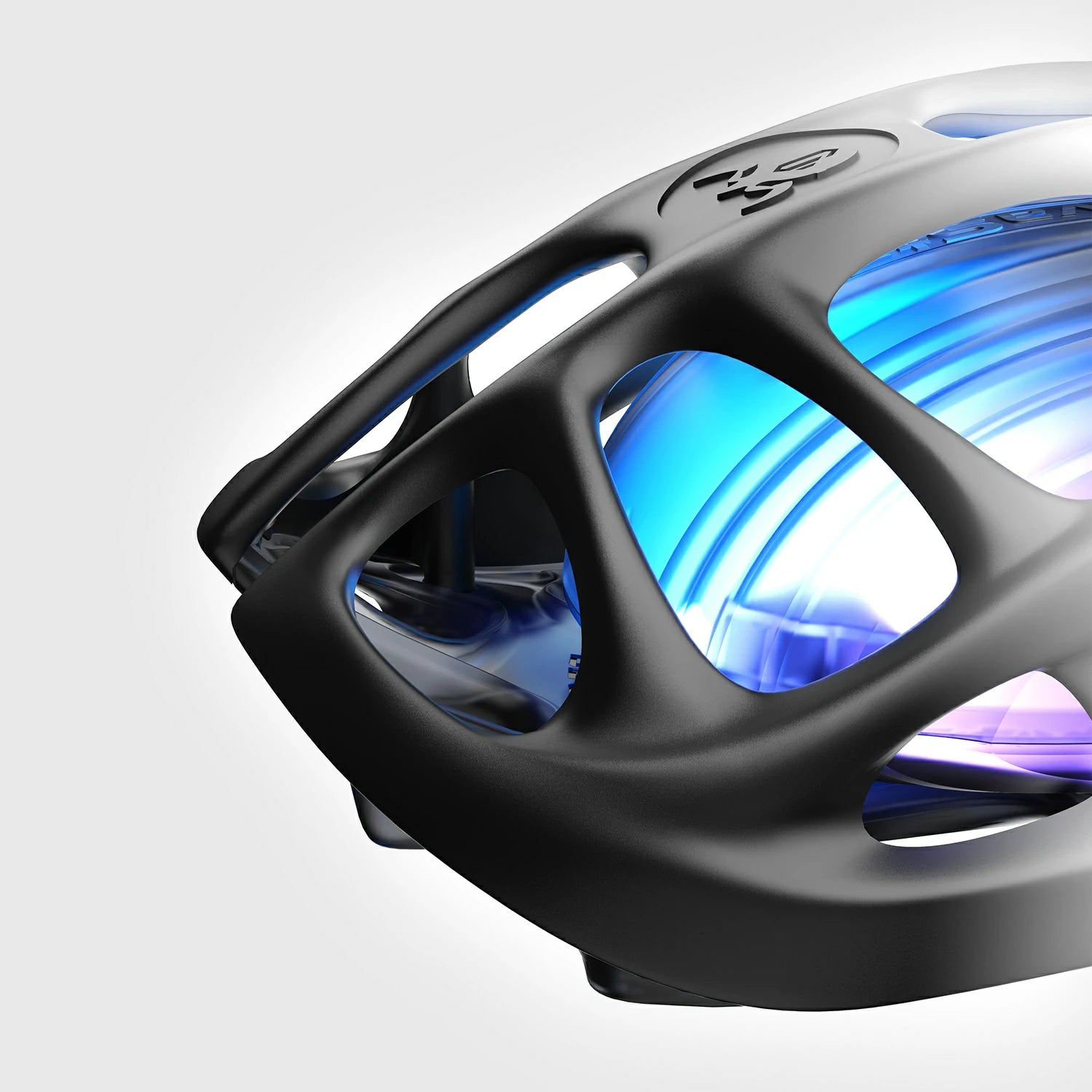GravaStar Mercury M1 Pro Wireless Gaming Mouse Gradient Black front close-up view highlighting Type-C fast charging port, scroll wheel, magnesium alloy skeletal frame, and ice blue RGB backlighting.