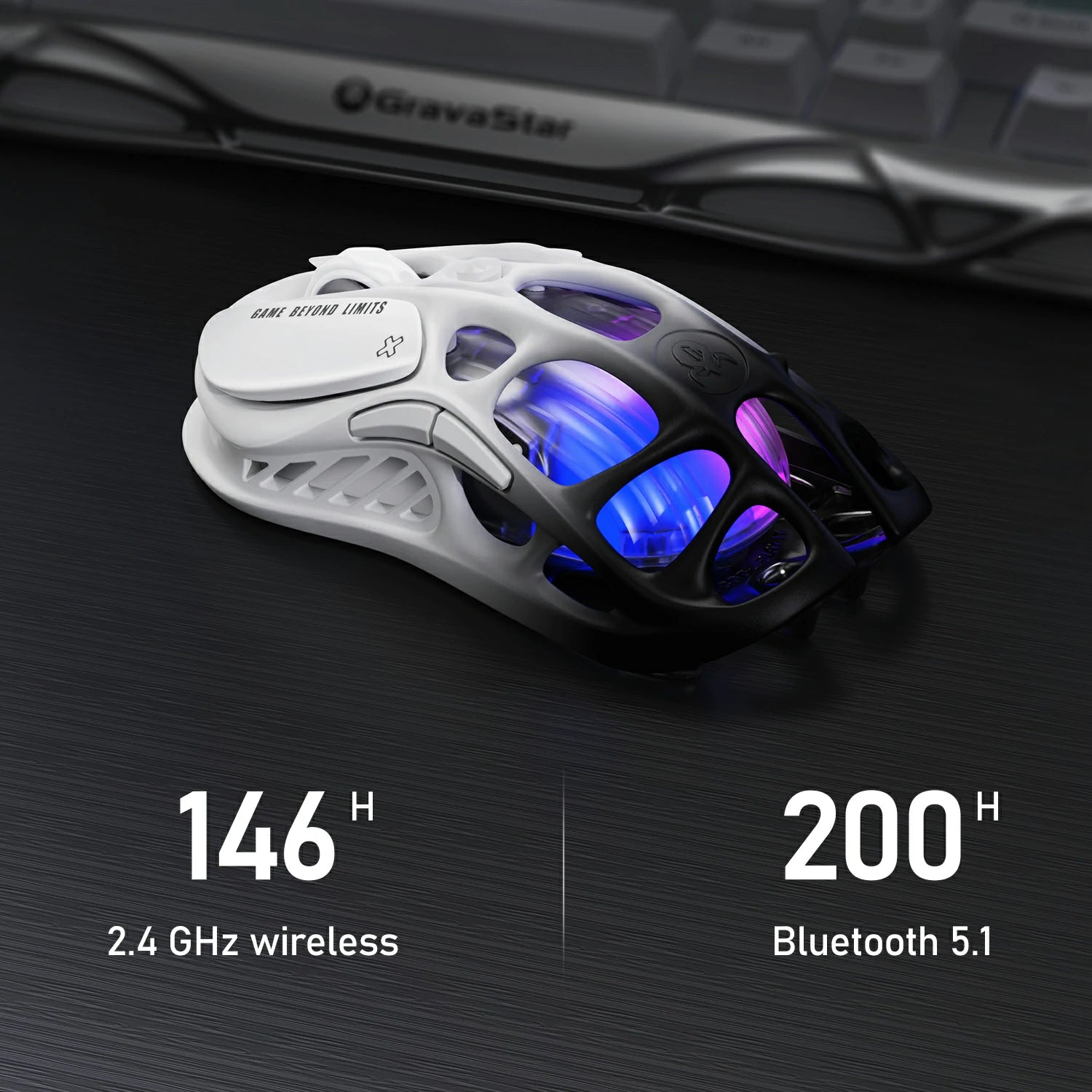 GravaStar Mercury M1 Pro Wireless Gaming Mouse Gradient White battery life diagram highlighting 146 hours on 2.4GHz wireless and 200 hours on Bluetooth 5.1 with magnesium alloy skeletal frame and ice blue RGB lighting.