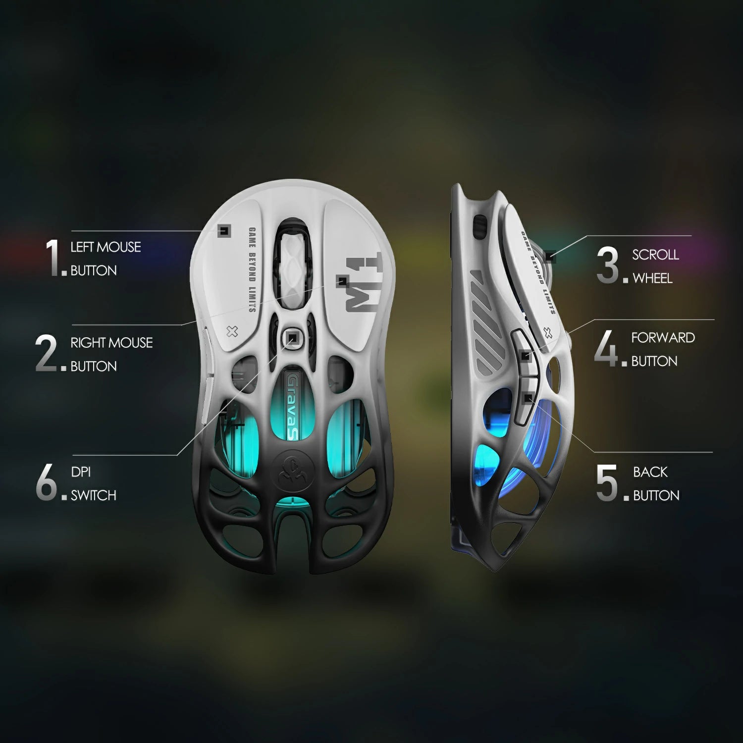 GravaStar Mercury M1 Pro Wireless Gaming Mouse Gradient White diagram detailing 6 programmable buttons including left button, right button, scroll wheel, forward button, back button, and DPI switch.