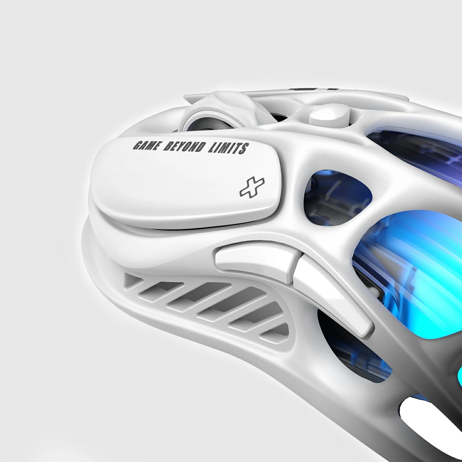 GravaStar Mercury M1 Pro Wireless Gaming Mouse Gradient White macro close-up view displaying white magnesium alloy skeletal frame, GAME BEYOND LIMITS text, side buttons, and ice blue RGB backlighting.