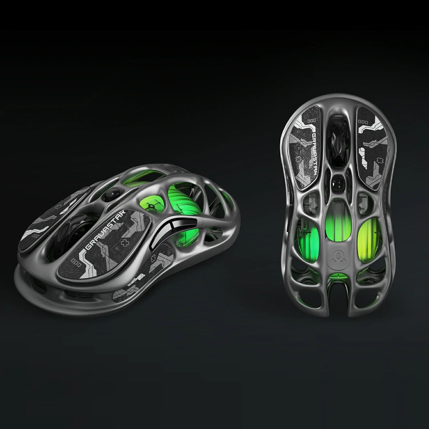 GravaStar Mercury M1 Pro Wireless Gaming Mouse Gunmetal Gray top and bottom view displaying magnesium alloy skeletal frame, GRAVASTAR logo, PAW3395 26K DPI sensor, Teflon feet pads, and green RGB backlighting.
