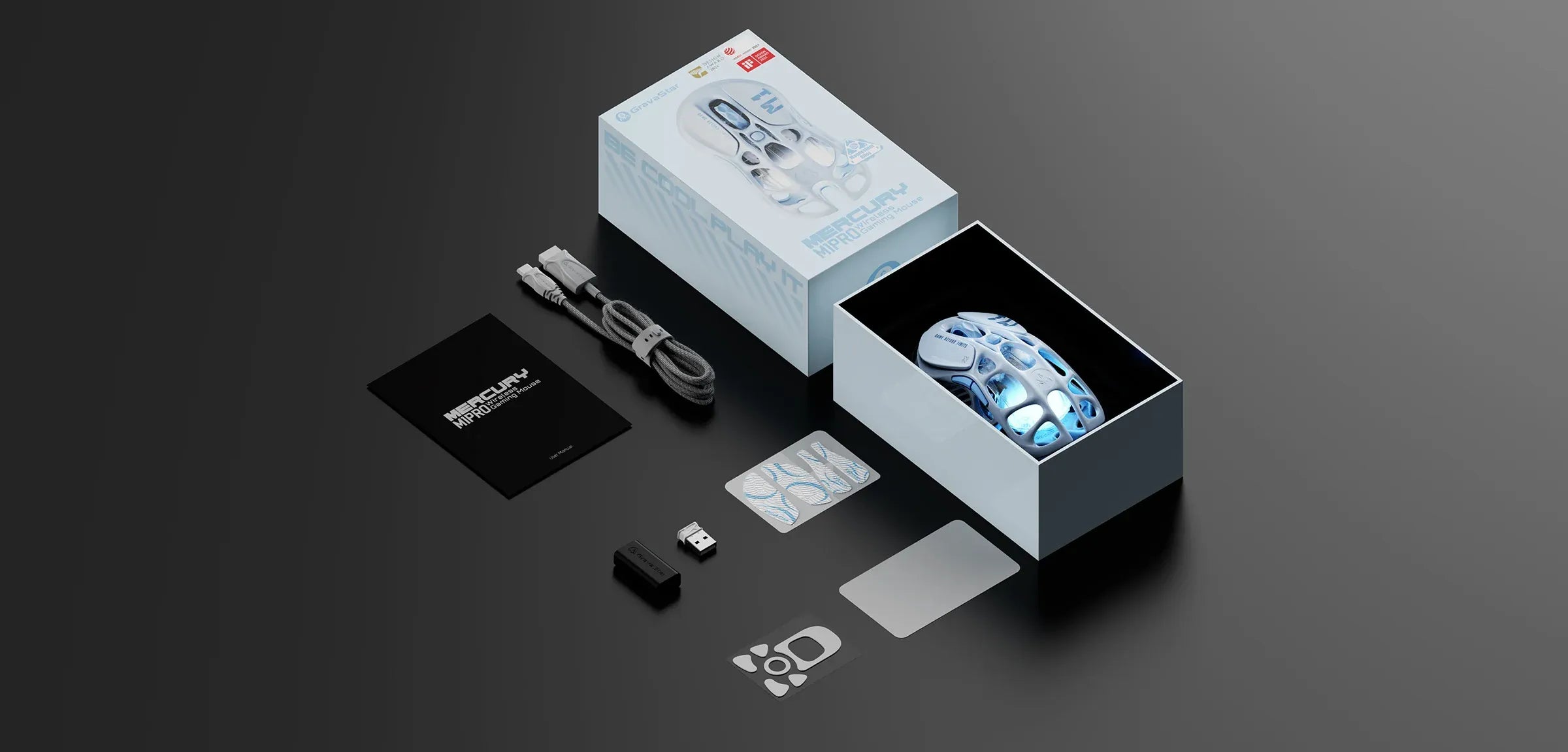 GravaStar Mercury M1 Pro Special Edition Ice Blue wireless gaming mouse in-the-box accessories diagram featuring wireless mouse, charging cable, non-slip grip stickers, white Teflon feet pads, 1K receiver, USB extender, cleaning cloth, and user manual, powered by PAW3395 sensor and 4KHz polling rate support.