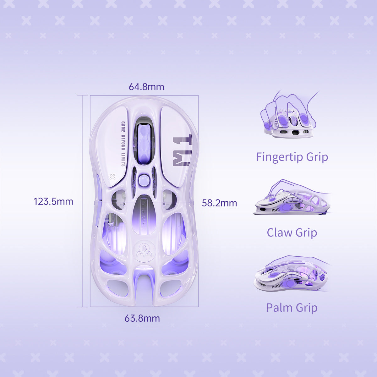 GravaStar Mercury M1 Pro Lavender Purple wireless gaming mouse diagram detailing precise dimensions of 123.5mm length, 64.8mm top width, 58.2mm waist, and 63.8mm bottom width, supporting Fingertip Grip, Claw Grip, and Palm Grip styles.
