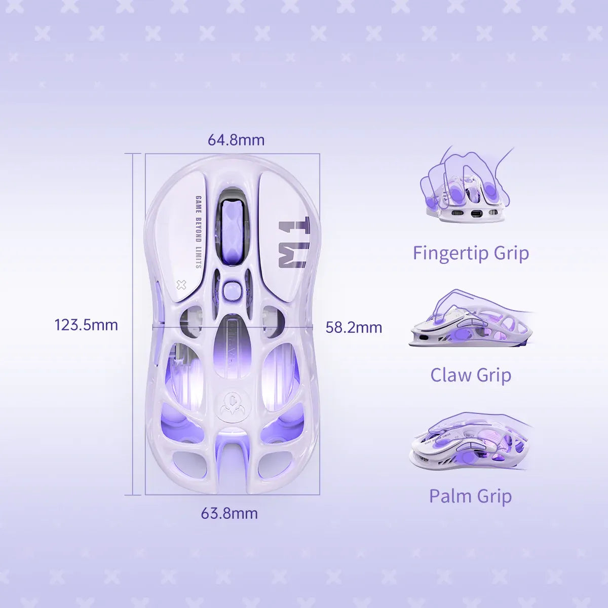 GravaStar Mercury M1 Pro Special Edition Lavender Purple wireless gaming mouse diagram detailing body dimensions and compatibility with Fingertip Grip, Claw Grip, and Palm Grip, powered by PAW3395 26K DPI sensor and 4KHz polling rate support.