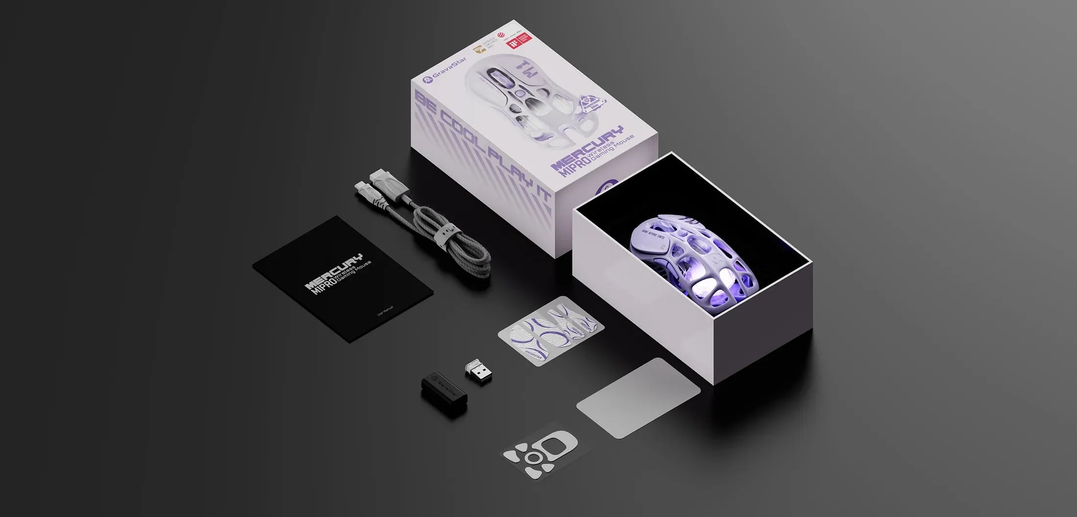 GravaStar Mercury M1 Pro Special Edition Lavender Purple wireless gaming mouse in-the-box accessories diagram featuring wireless mouse, charging cable, non-slip grip stickers, white Teflon feet pads, 1K receiver, USB extender, cleaning cloth, and user manual, powered by PAW3395 sensor and 4KHz polling rate support.