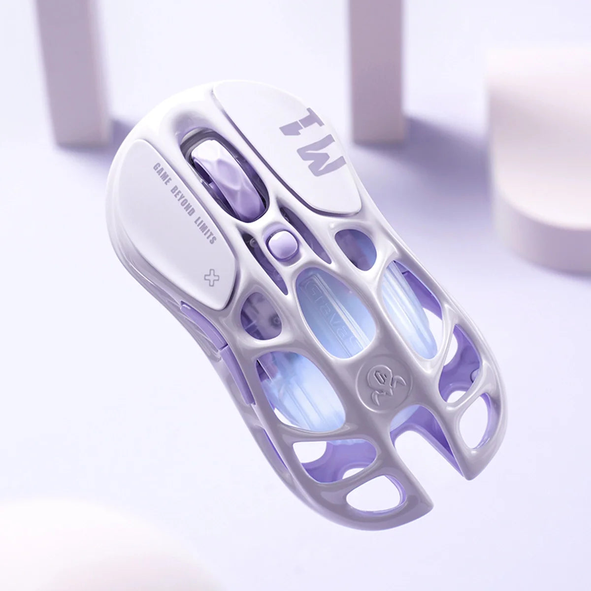 GravaStar Mercury M1 Pro Lavender Purple wireless gaming mouse showing 88g lightweight magnesium alloy skeletal frame, PAW3395 26K DPI sensor, Game Beyond Limits branding, and GlowSync RGB lighting.