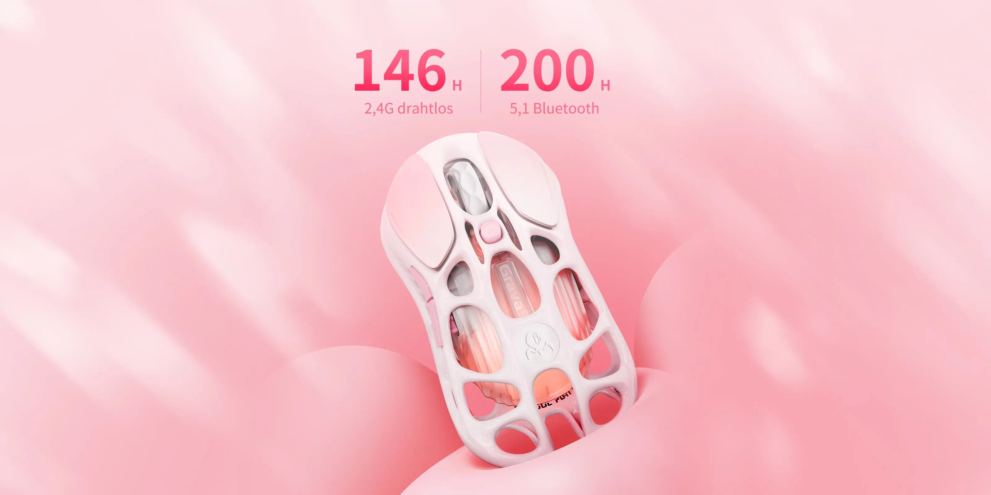 GravaStar Mercury M1 Pro Special Edition Sakura Pink wireless gaming mouse diagram displaying long battery life up to 146 hours on 2.4GHz wireless and 200 hours on Bluetooth 5.1, powered by 88g magnesium alloy skeletal frame and PAW3395 optical sensor.