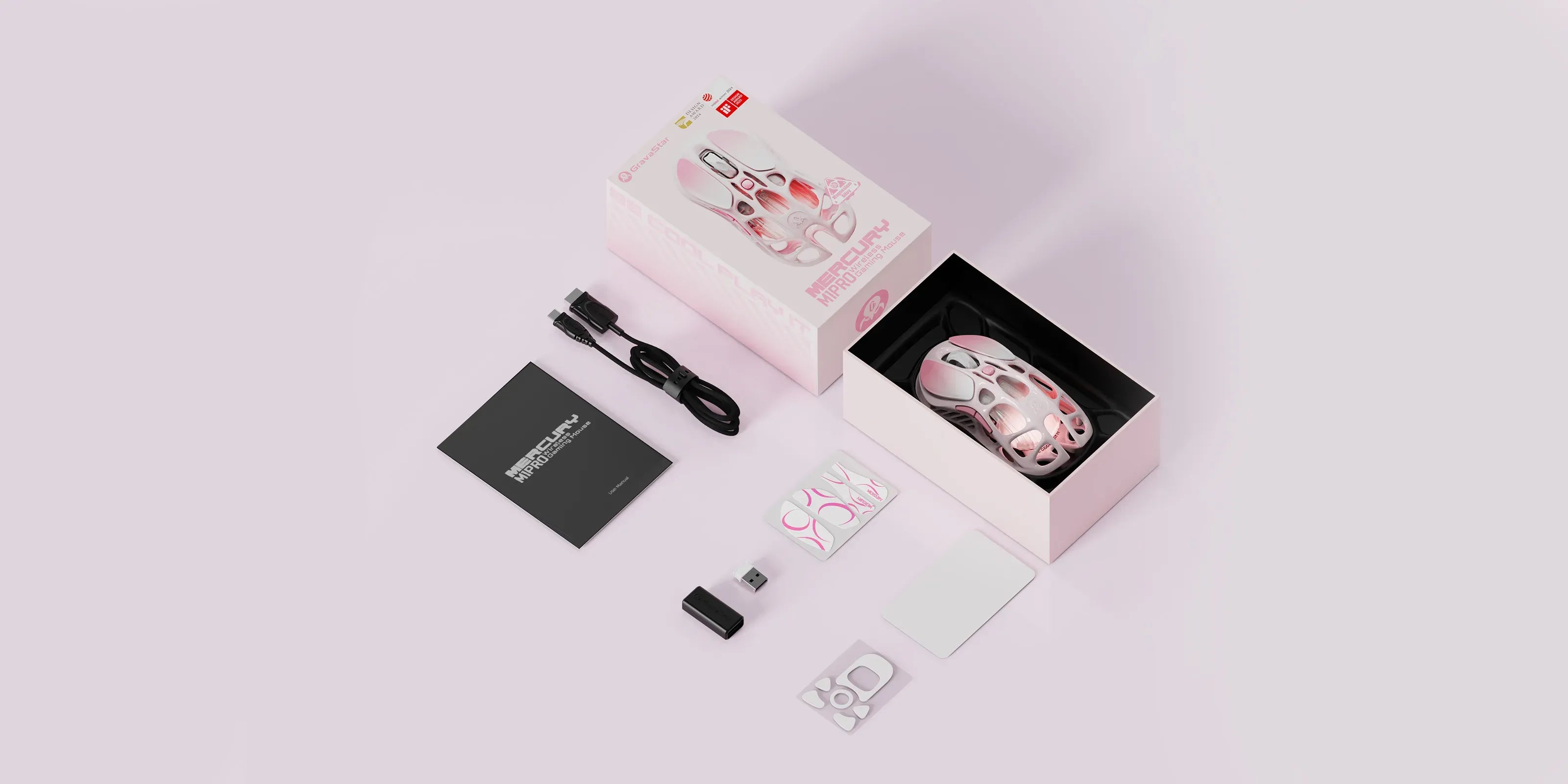 GravaStar Mercury M1 Pro Special Edition Sakura Pink wireless gaming mouse in-the-box accessories diagram featuring wireless mouse, charging cable, non-slip grip stickers, white Teflon feet pads, 1K receiver, USB extender, cleaning cloth, and user manual, powered by PAW3395 sensor and 4KHz polling rate support.