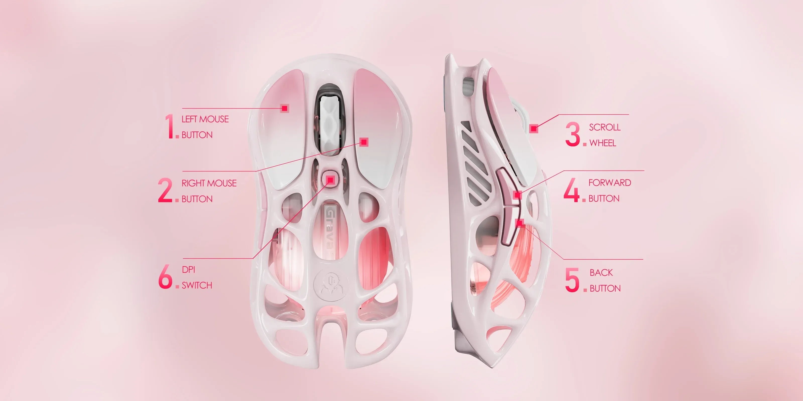 GravaStar Mercury M1 Pro Special Edition Sakura Pink wireless gaming mouse diagram detailing 5 programmable buttons with custom macro support, DPI switch, PAW3395 26K DPI optical sensor, and 4KHz polling rate support.