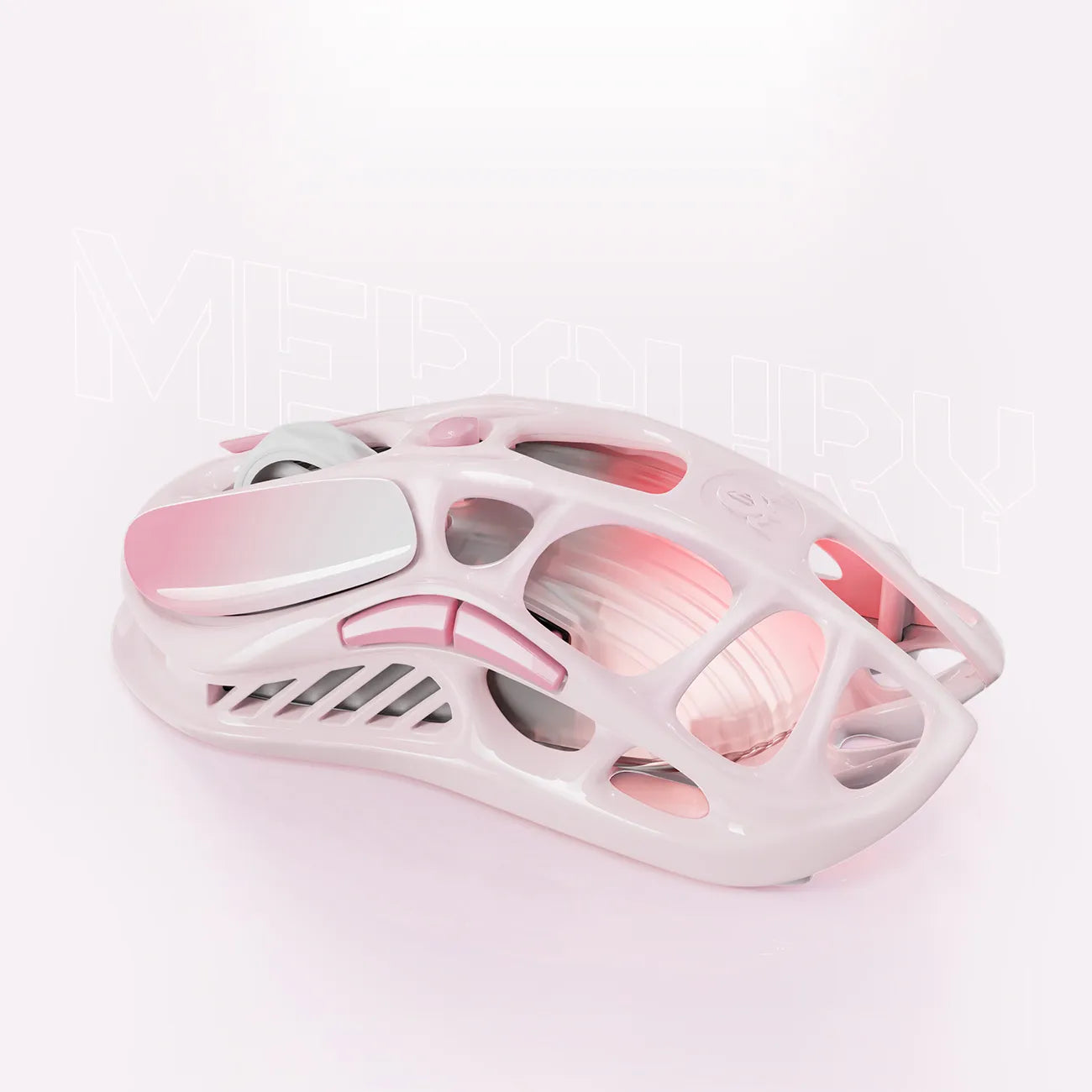 GravaStar Mercury M1 Pro Sakura Pink wireless gaming mouse showing 88g magnesium alloy skeletal frame, PAW3395 26K DPI sensor, and customizable GlowSync RGB lighting.