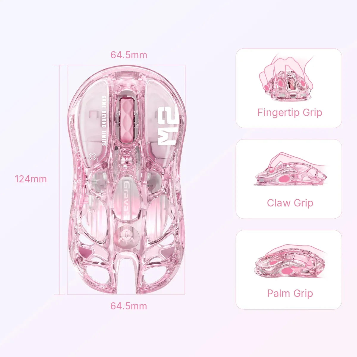 GravaStar Mercury M2 Crystal Rose translucent wireless gaming mouse diagram displaying body dimensions of 124mm length and 64.5mm width alongside compatibility with Fingertip Grip, Claw Grip, and Palm Grip styles, powered by 79g light skeletal frame and PAW3395 26K DPI optical sensor.
