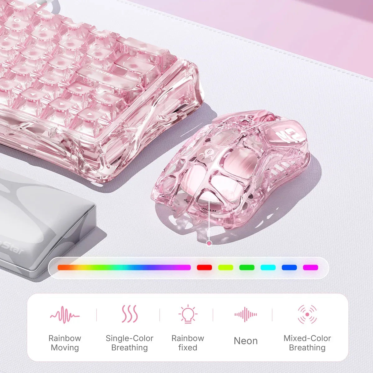 GravaStar Mercury M2 Crystal Rose translucent wireless gaming mouse diagram detailing GLOWSYNC RGB lighting effects with 16.7 million colors and 5 customizable dynamic modes including Rainbow Moving, Single-Color Breathing, Rainbow Fixed, Neon, and Mixed-Color Breathing.