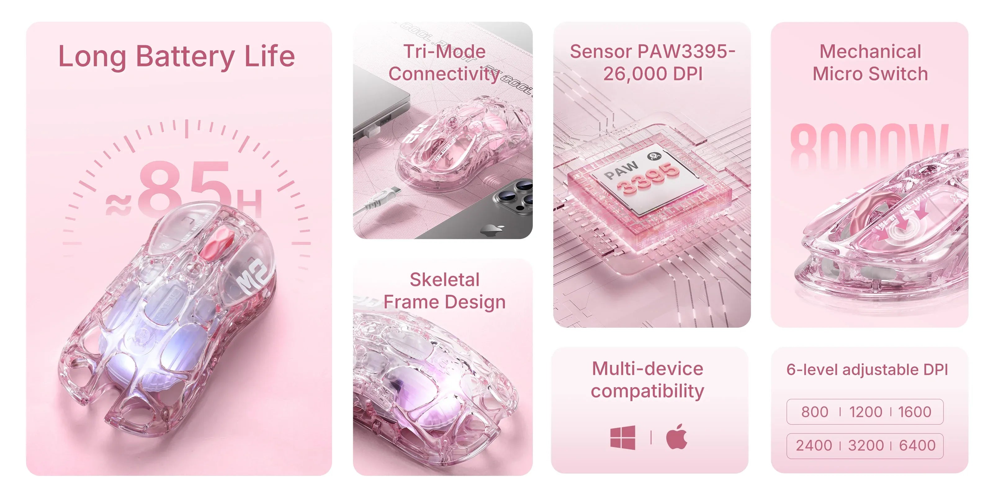 GravaStar Mercury M2 Crystal Rose translucent wireless gaming mouse feature highlights infographic displaying PAW3395 26K DPI optical sensor, long battery life, tri-mode connectivity, skeletal frame design, Omron microswitches, and customizable RGB lighting.