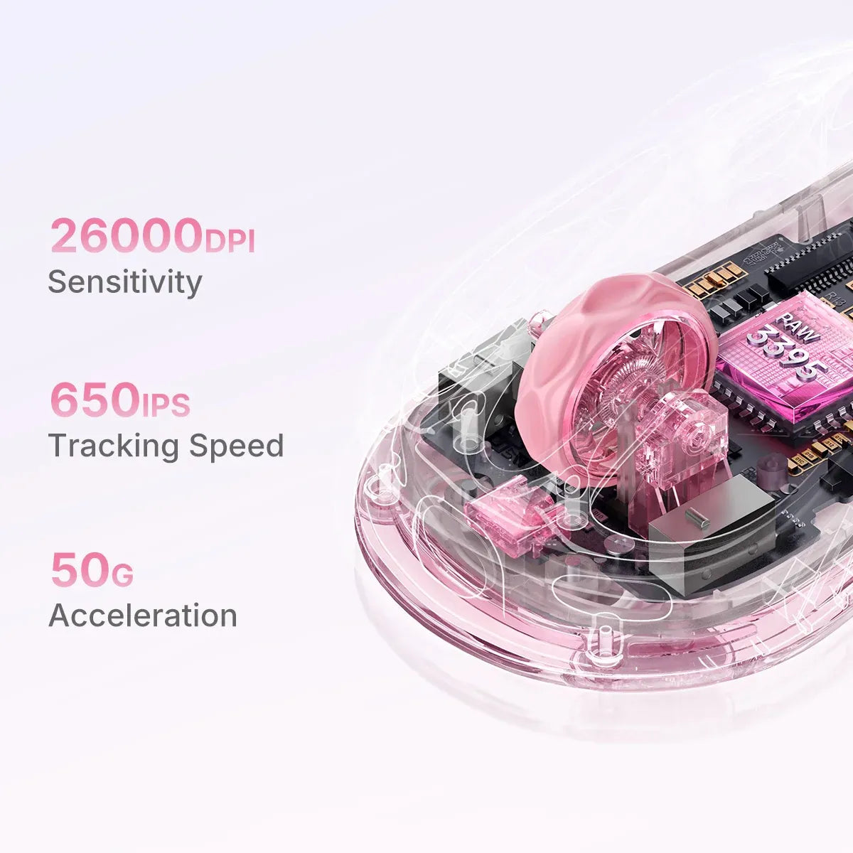 GravaStar Mercury M2 Crystal Rose translucent wireless gaming mouse close-up highlighting PixArt PAW3395 optical sensor specs featuring 26,000 DPI sensitivity, 650 IPS tracking speed, and 50G acceleration.