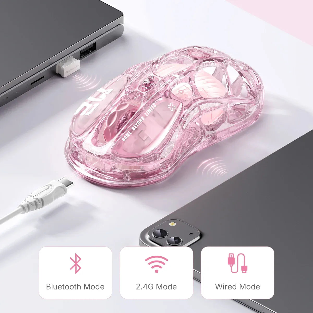 GravaStar Mercury M2 Crystal Rose translucent wireless gaming mouse diagram detailing tri-mode connectivity including Bluetooth 5.1, 2.4GHz TURBOSPEED wireless, and Type-C wired connection, powered by 79g light skeletal frame and PAW3395 26K DPI optical sensor.