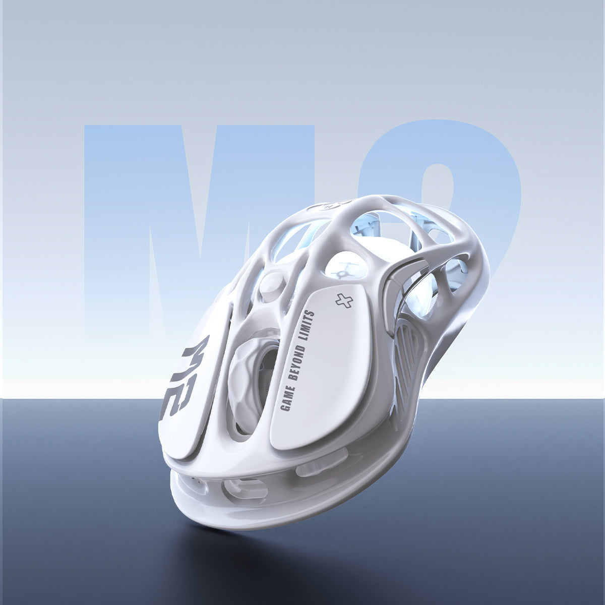 GravaStar Mercury M2 Opaline White wireless gaming mouse showing 79g lightweight skeletal frame, PAW3395 26K DPI sensor, Game Beyond Limits branding, and GlowSync RGB lighting.
