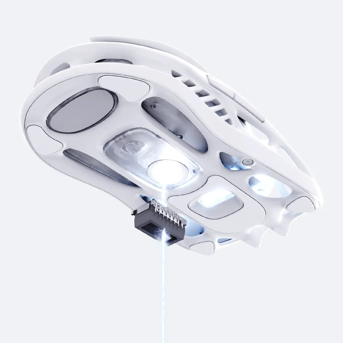 GravaStar Mercury M2 Opaline White wireless gaming mouse close-up showcasing Type-C charging port, PAW3395 26K DPI optical sensor, 1000Hz polling rate support, 79g hollow skeletal frame, and RGB lighting.