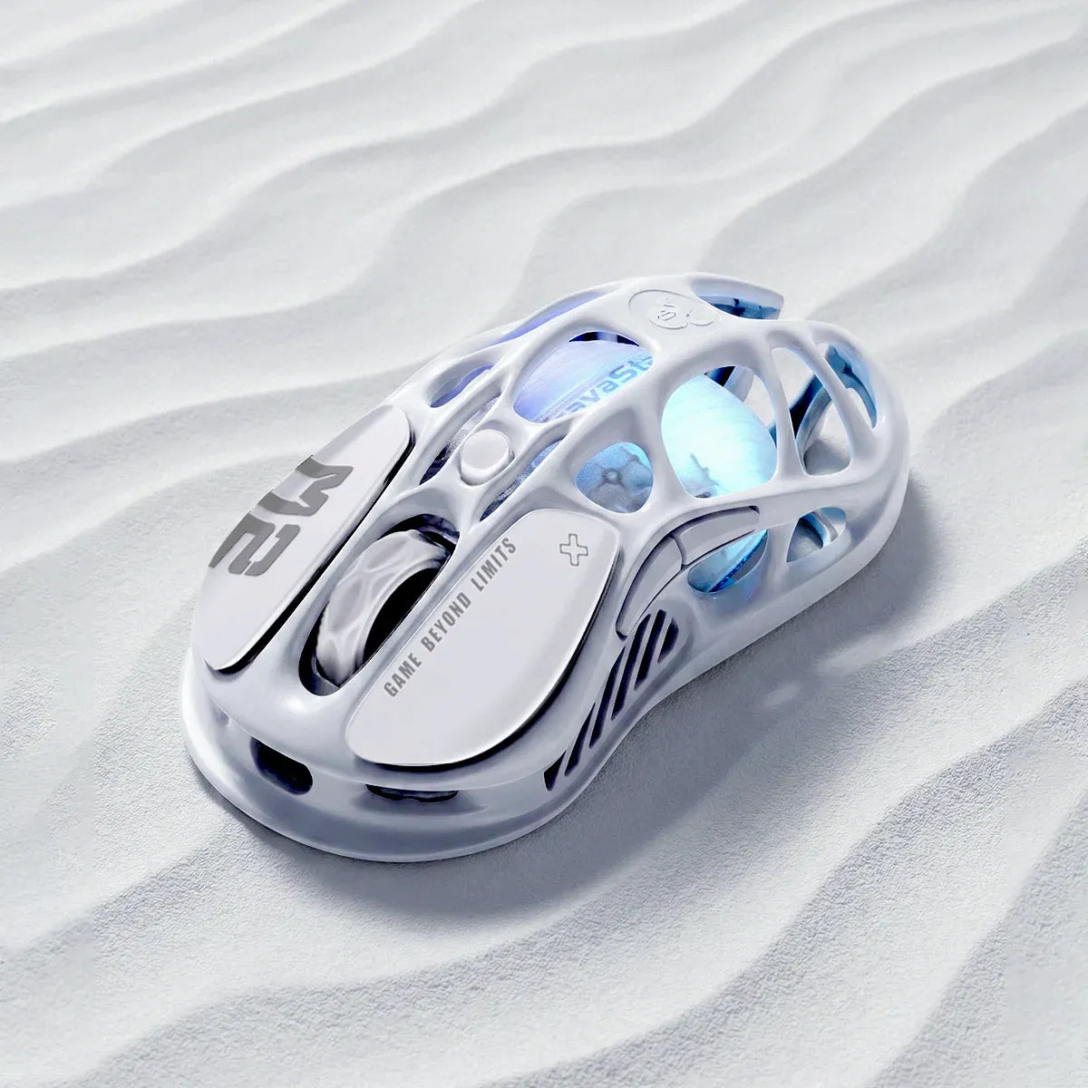 GravaStar Mercury M2 Opaline White wireless gaming mouse featuring 79g hollow skeletal frame design, PAW3395 26K DPI optical sensor, 1000Hz polling rate support, 5 programmable buttons, and GLOWSYNC RGB lighting.