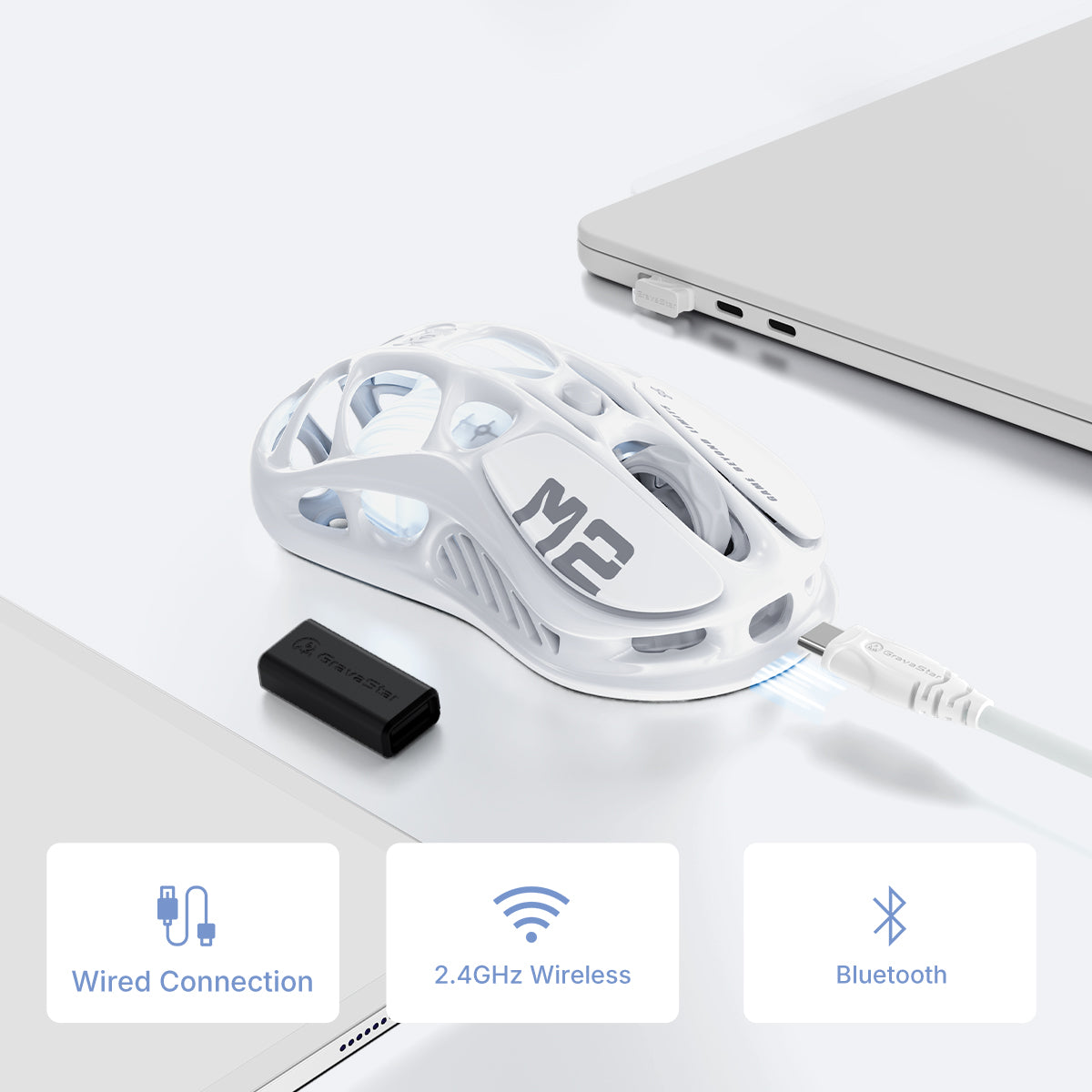 GravaStar Mercury M2 Opaline White wireless gaming mouse connectivity diagram illustrating TURBOSPEED tri-mode options including Bluetooth 5.1, 2.4GHz wireless, and USB-C wired connection across multiple devices.