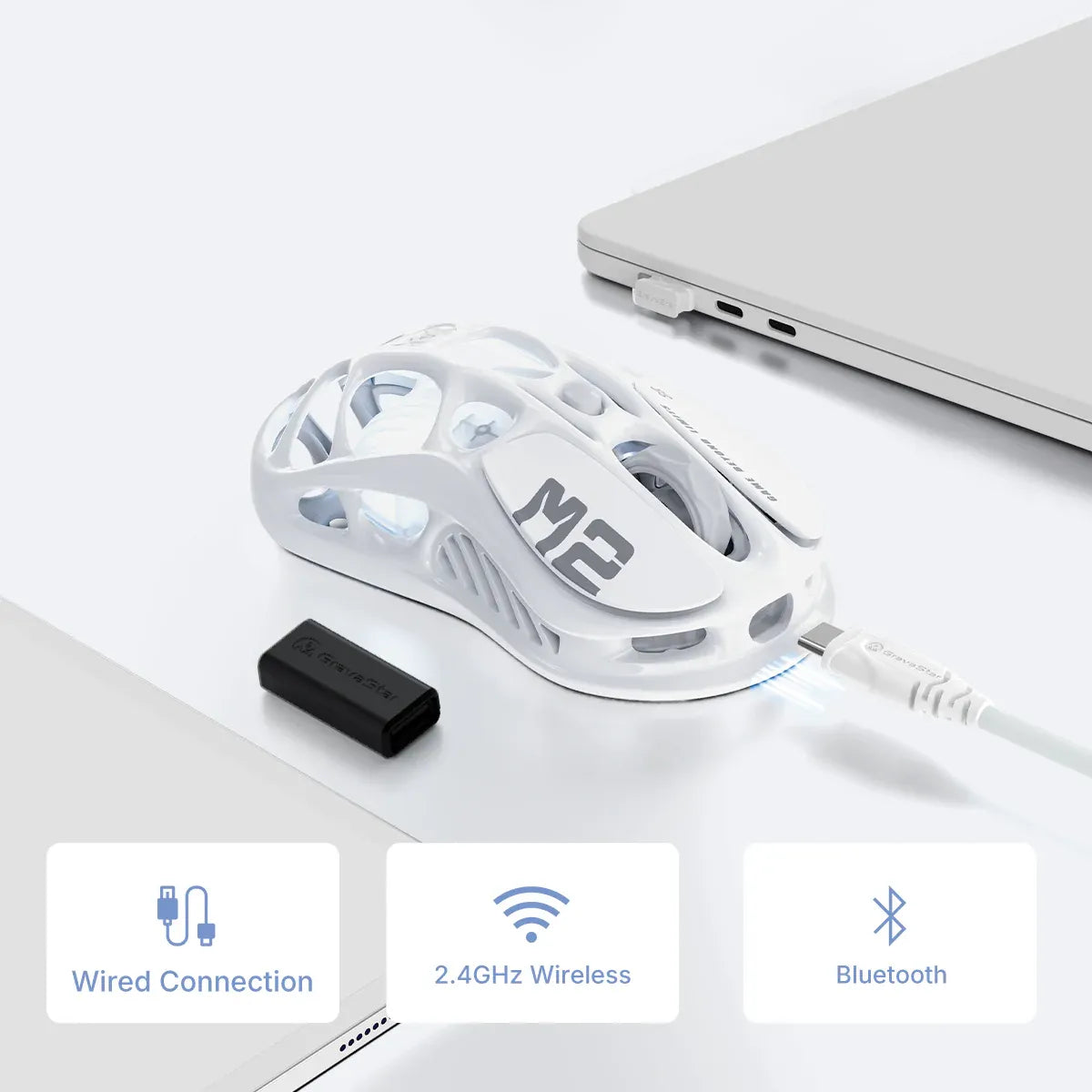GravaStar Mercury M2 Opaline White wireless gaming mouse diagram detailing tri-mode connectivity including Bluetooth 5.1, 2.4GHz TURBOSPEED wireless, and Type-C wired connection, powered by 79g hollow skeletal frame and PAW3395 26K DPI optical sensor.