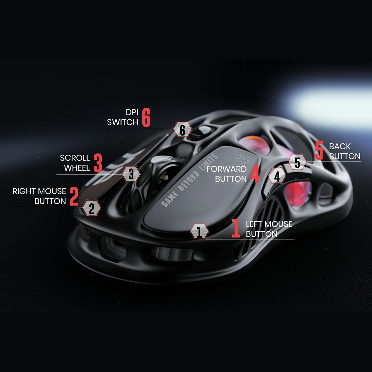 GravaStar Mercury M2 Stealth Black wireless gaming mouse diagram highlighting 6 programmable button positions including left button, right button, scroll wheel, forward button, back button, and DPI switch button, powered by PAW3395 26K DPI optical sensor and 1000Hz polling rate.