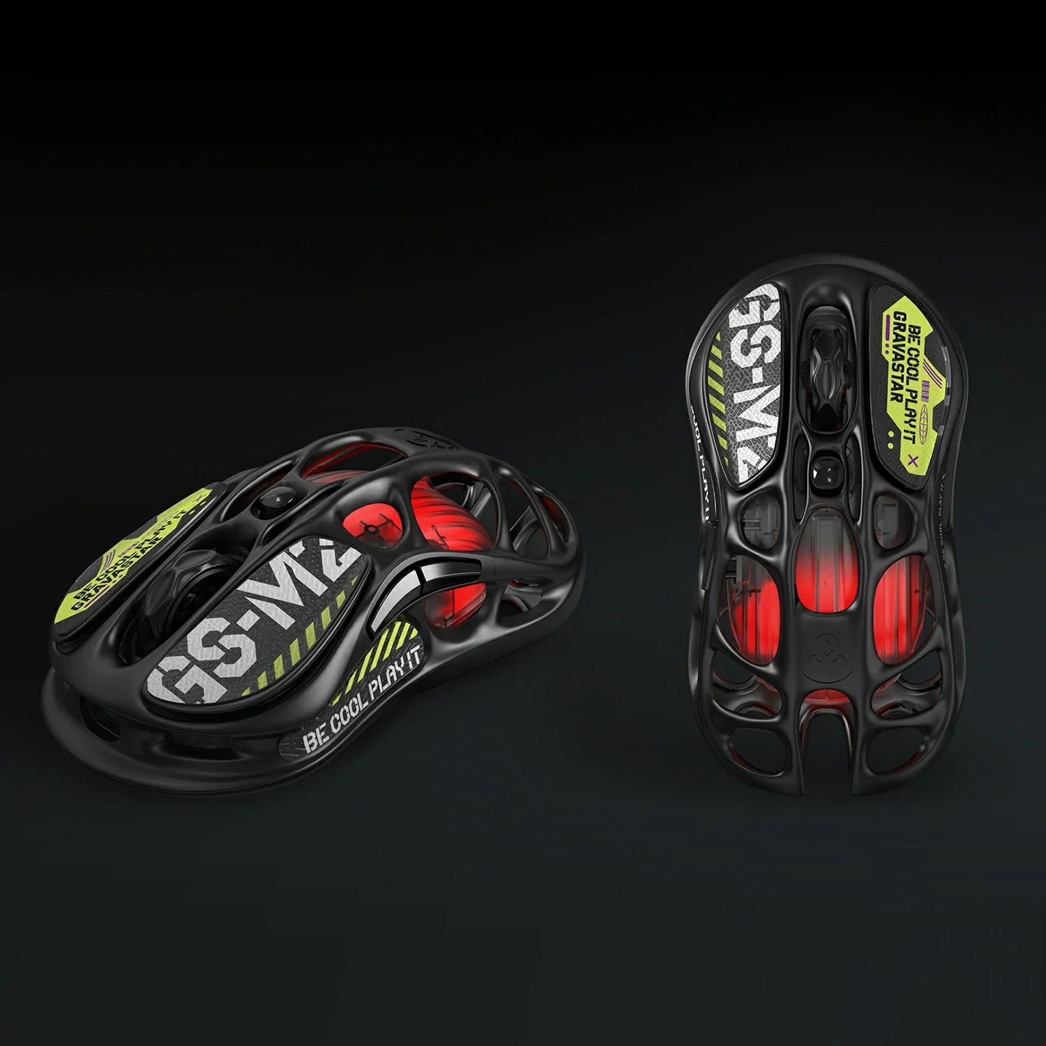 GravaStar Mercury M2 Stealth Black wireless gaming mouse featuring customized anti-slip grip stickers with tactical typography for enhanced traction, control, and ergonomic comfort, powered by 79g hollow skeletal frame and PAW3395 26K DPI optical sensor.
