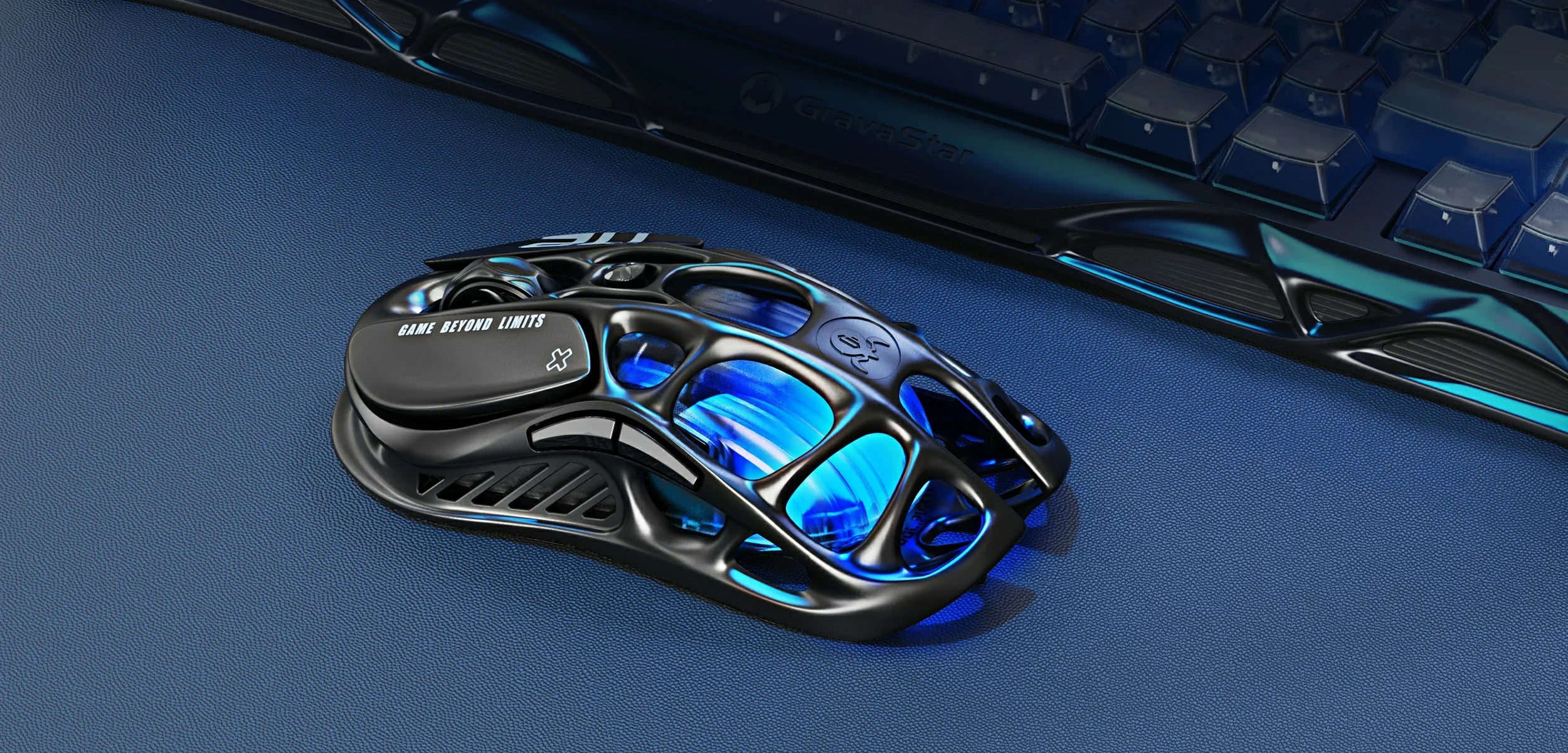 GravaStar Mercury M2 Stealth Black wireless gaming mouse desktop setup overlay banner highlighting 79g hollow skeletal frame design, ice blue GLOWSYNC RGB lighting, PAW3395 26K DPI optical sensor, and 1000Hz wireless polling rate, paired with Mercury K1 mechanical keyboard.