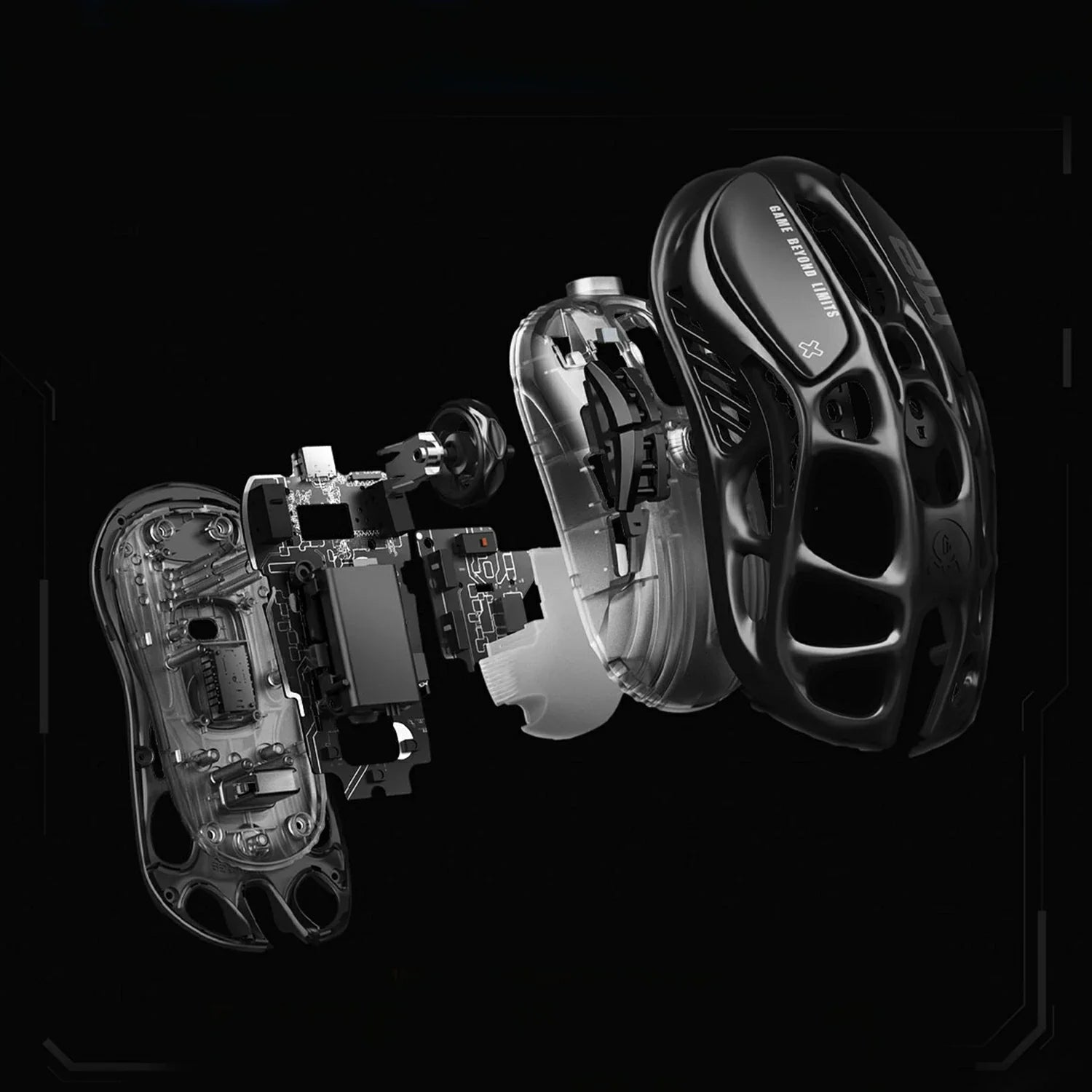 GravaStar Mercury M2 Stealth Black wireless gaming mouse exploded view diagram showcasing hollow skeletal frame, PAW3395 26K DPI optical sensor, Kailh 80M micro-switches, 1000Hz polling rate support, and internal RGB lighting structure.
