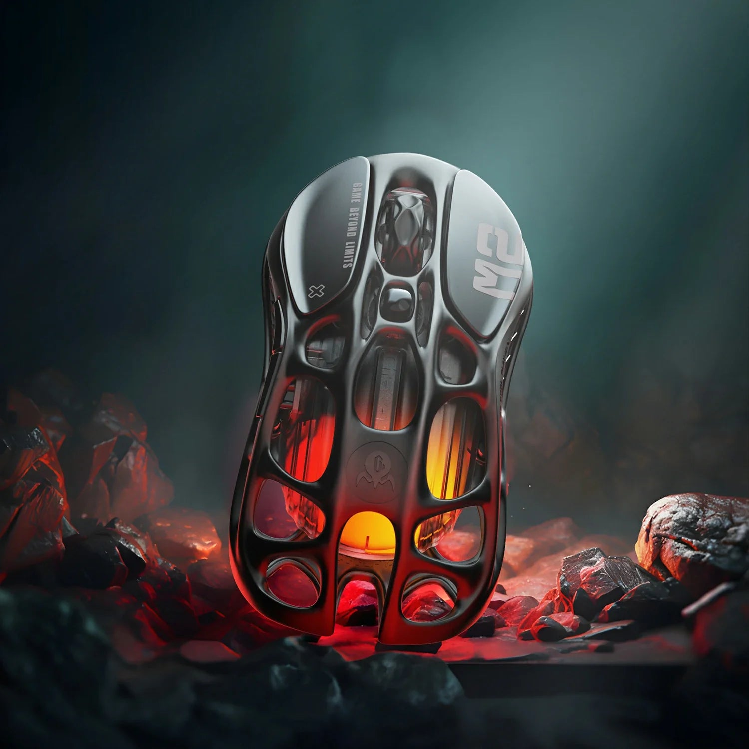 GravaStar Mercury M2 Stealth Black wireless gaming mouse featuring 79g hollow skeletal frame design, PAW3395 26K DPI optical sensor, 1000Hz polling rate support, 5 programmable buttons, and GLOWSYNC RGB lighting.