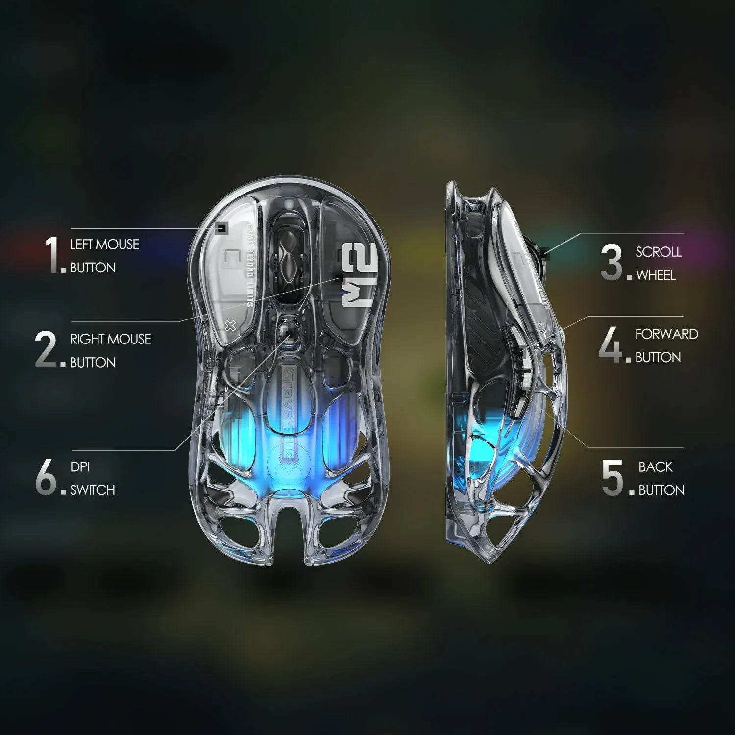 GravaStar Mercury M2 Transparent Black wireless gaming mouse diagram highlighting 6 programmable button positions including left button, right button, scroll wheel, forward button, back button, and DPI switch, powered by see-through crystal housing, PAW3395 26K DPI optical sensor, and 1000Hz polling rate.