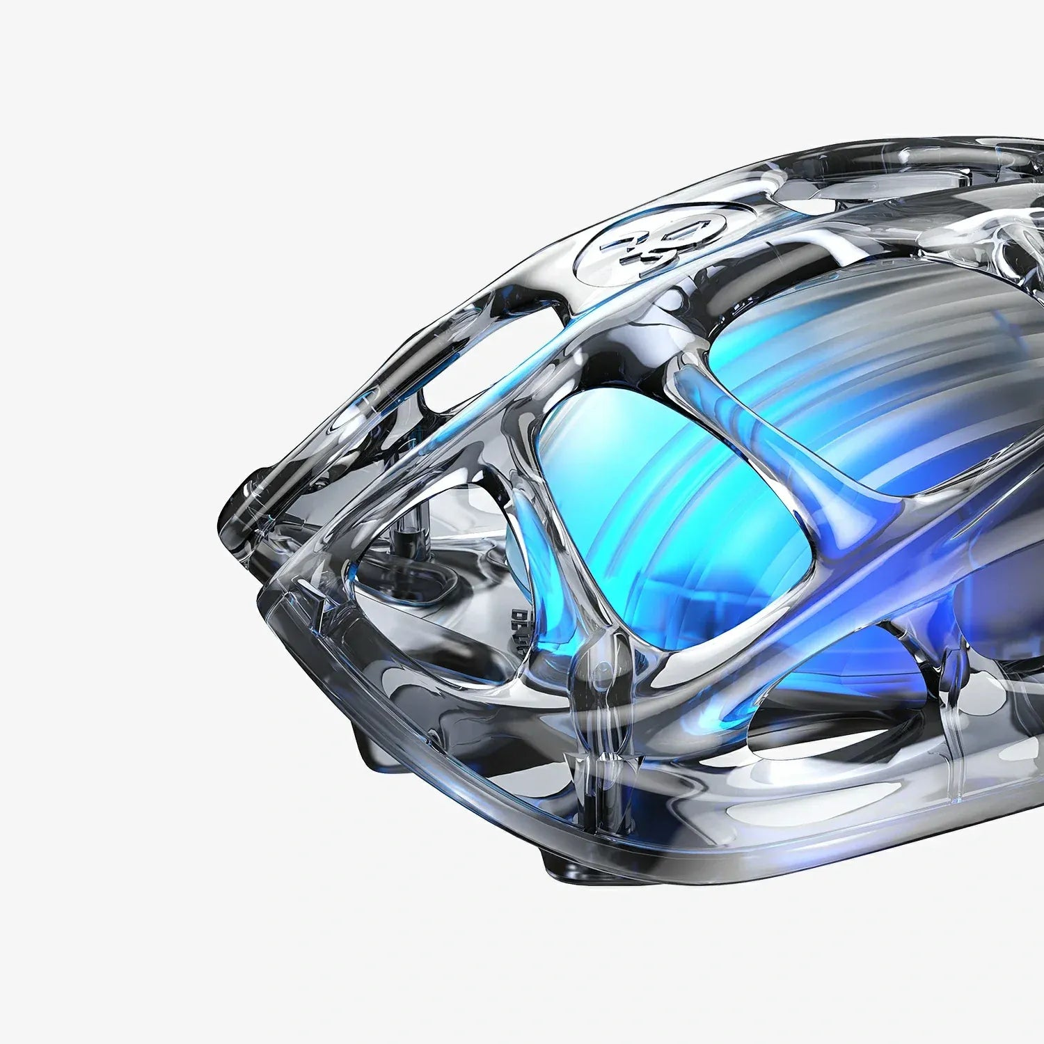 GravaStar Mercury M2 Transparent Black wireless gaming mouse close-up highlighting see-through crystal housing, 79g hollow skeletal frame, PAW3395 26K DPI optical sensor, and ice blue GLOWSYNC RGB lighting effects.