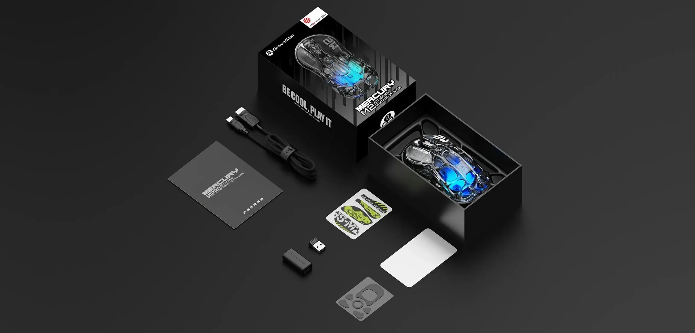 GravaStar Mercury M2 Transparent Black wireless gaming mouse in-the-box accessories diagram featuring wireless mouse, USB-C charging cable, customized non-slip pads, Teflon foot pads, 1K receiver, USB extender adapter, cleaning cloth, and user manual, powered by PAW3395 26K DPI optical sensor.