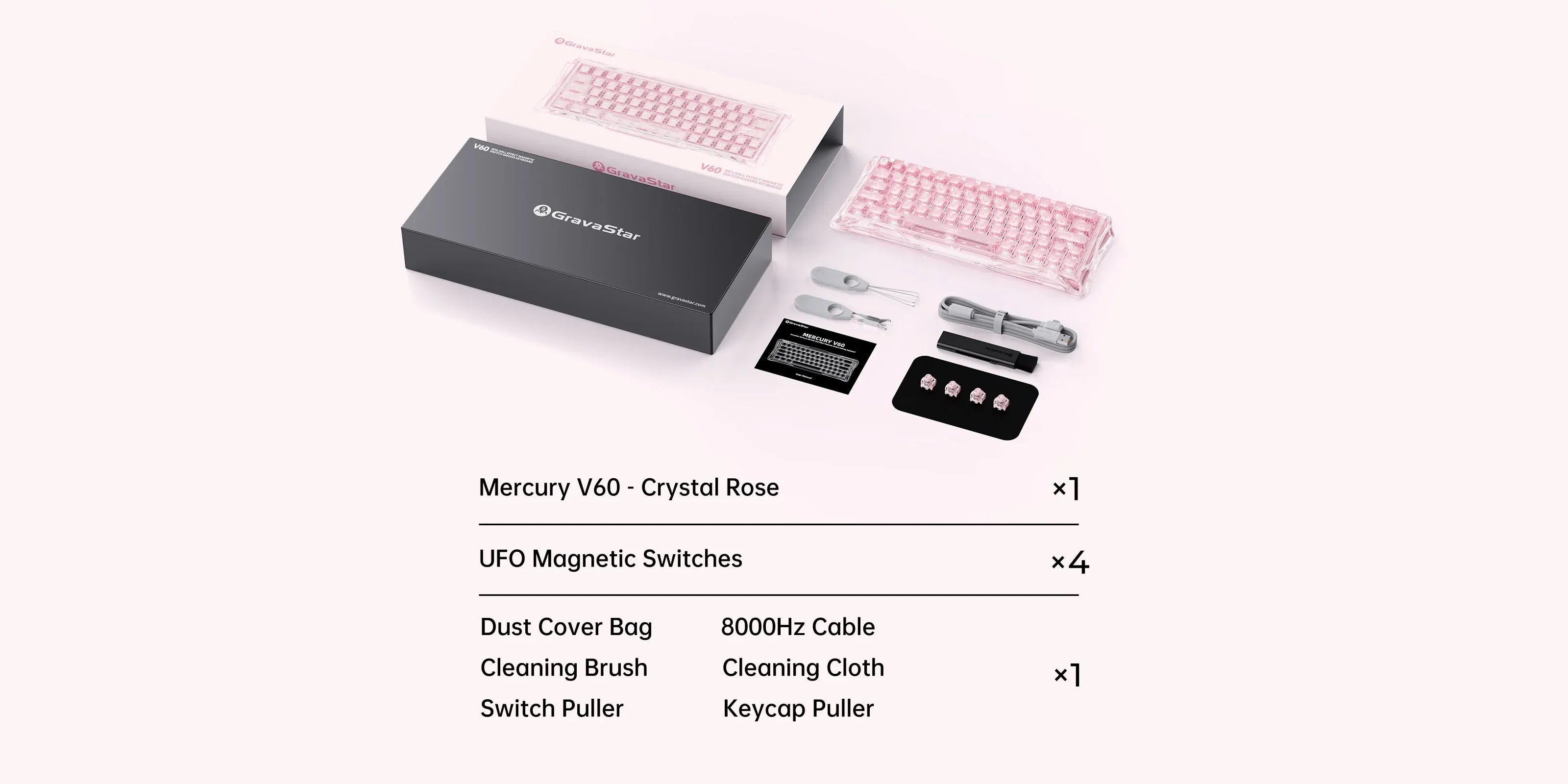 GravaStar Mercury V60 Crystal Rose 60% magnetic gaming keyboard in the box packaging breakdown showcasing keyboard, 4 extra UFO magnetic switches, 8000Hz cable, keycap puller, switch puller, cleaning brush, cleaning cloth, and dust cover bag.