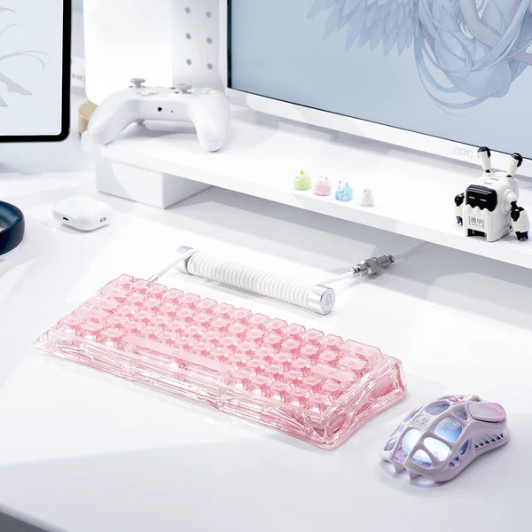 GravaStar Mercury V60 Crystal Rose 60% magnetic gaming keyboard macro view highlighting full-transparent rose crystal chassis, UFO Hall Effect magnetic switches, 0.005mm adjustable actuation, True 8kHz polling rate, and 0.125ms latency.