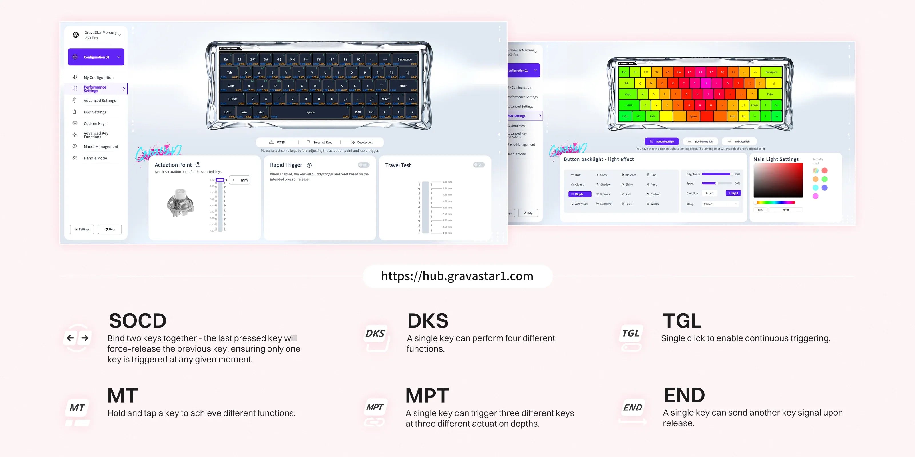 GravaStar Mercury V60 Crystal Rose 60% magnetic gaming keyboard web-based driver interface breakdown showcasing no-software online configuration, SOCD snap click counter-strafe optimization, DKS dynamic key stroke, TGL, MT, MPT, and END custom key mapping functions.