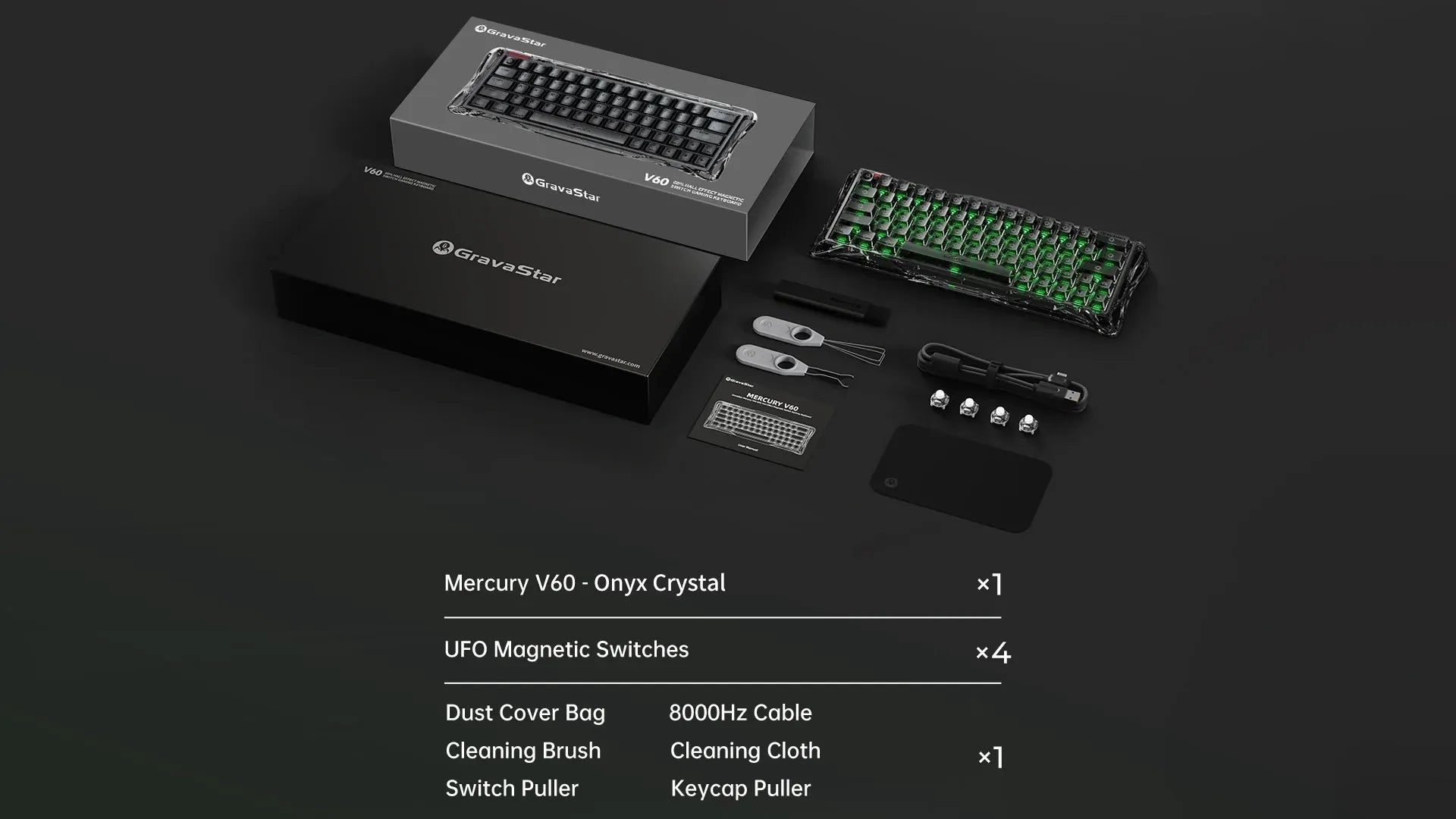 GravaStar Mercury V60 Onyx Crystal 60% transparent magnetic gaming keyboard in the box packaging breakdown showcasing keyboard, 4 extra UFO magnetic switches, 8000Hz cable, keycap puller, switch puller, cleaning brush, cleaning cloth, and dust cover bag.
