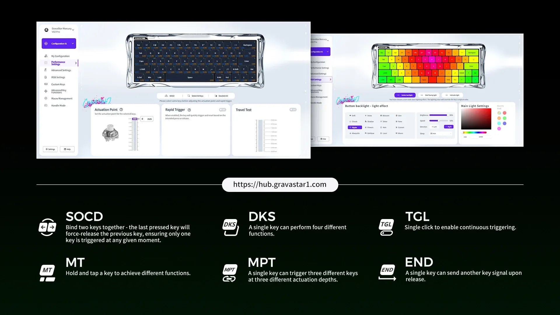 GravaStar Mercury V60 Onyx Crystal 60% transparent magnetic gaming keyboard web-based driver interface breakdown showcasing no-software online configuration, SOCD snap click counter-strafe optimization, DKS dynamic key stroke, TGL, MT, MPT, and END custom key mapping functions.
