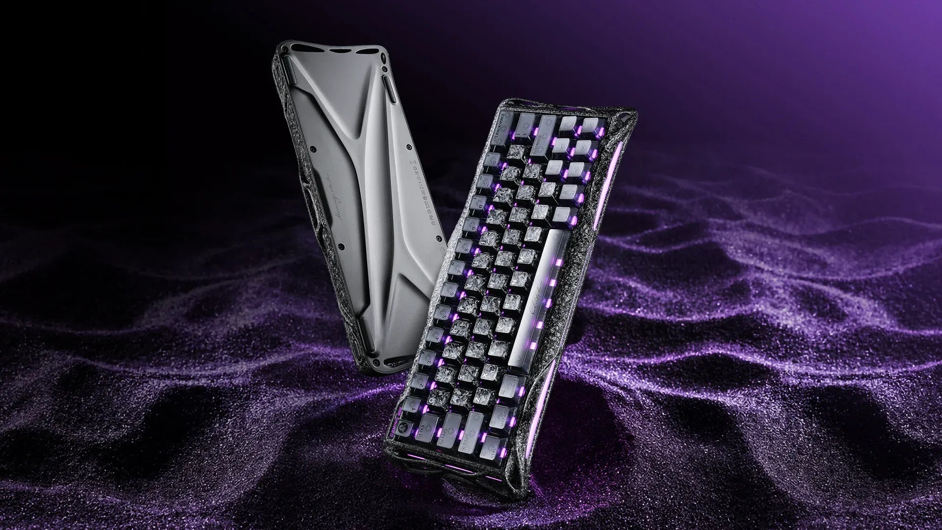 GravaStar Mercury V60 Pro Special Edition Cyber Frost Black 60% compact aluminum gaming keyboard showing front and back chassis featuring forged carbon texture aluminum frame, dynamic RGB backlighting, True 8kHz polling rate, UFO magnetic switches, and 0.125ms low latency.