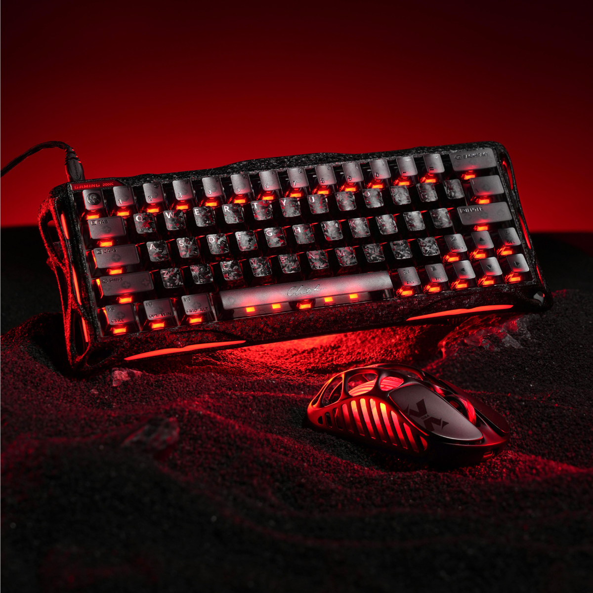 GravaStar Mercury V60 Pro Special Edition Cyber Frost Black 60% compact aluminum gaming keyboard and Mercury wireless gaming mouse desk setup featuring red RGB backlighting, forged carbon texture chassis, True 8kHz polling rate, and 0.125ms low latency.