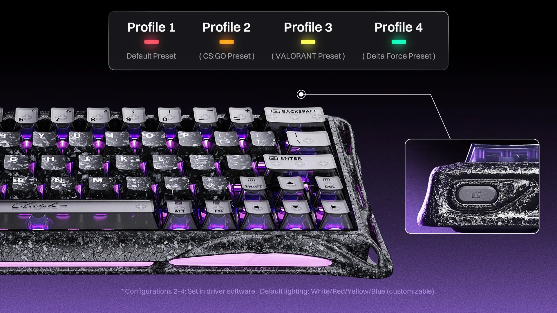 GravaStar Mercury V60 Pro Special Edition Cyber Frost Black 60% compact aluminum gaming keyboard onboard memory profile switching feature showcasing hardware button control for 4 customizable game presets including CS GO, Valorant, and Delta Force.
