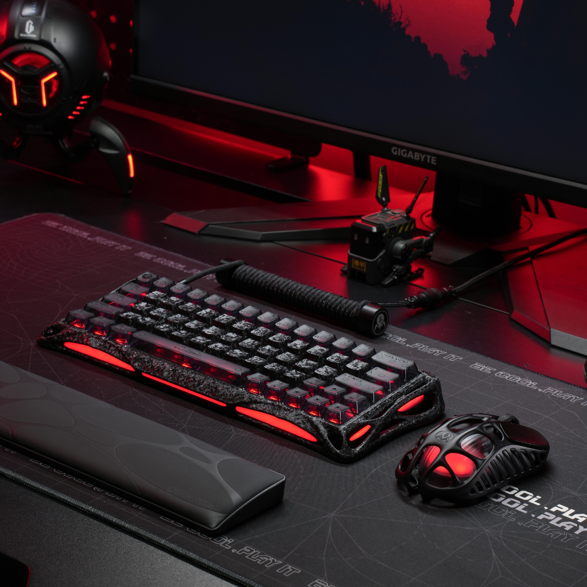 GravaStar Mercury V60 Pro Special Edition Cyber Frost Black 60% compact aluminum gaming keyboard full desk setup featuring tactical red RGB lighting, forged carbon texture chassis, Mercury wireless gaming mouse, custom coiled cable, True 8kHz polling rate, and 0.125ms low latency.