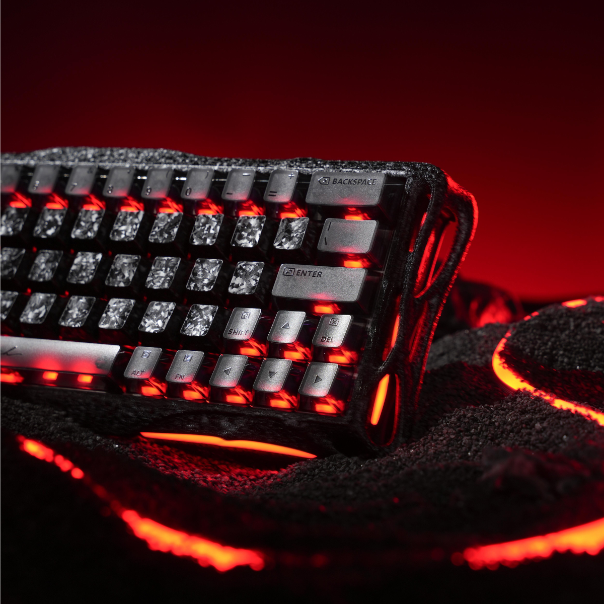 GravaStar Mercury V60 Pro Special Edition Cyber Frost Black 60% compact aluminum gaming keyboard macro view featuring tactical carbon texture frame, translucent keycaps, side light strip, orange-red RGB backlighting, True 8kHz polling rate, and 0.125ms latency.