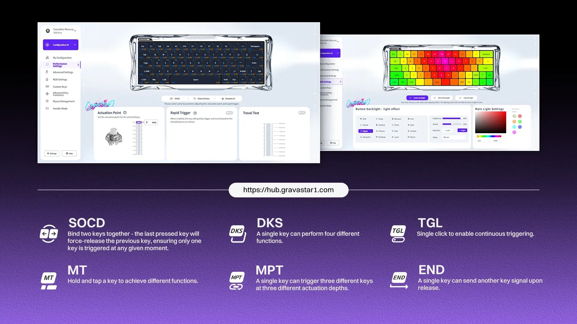 GravaStar Mercury V60 Pro Special Edition Cyber Frost Black 60% compact aluminum gaming keyboard web-based driver interface breakdown showcasing no-software online configuration, SOCD snap click counter-strafe optimization, DKS dynamic key stroke, TGL, MT, MPT, and END custom key mapping functions.