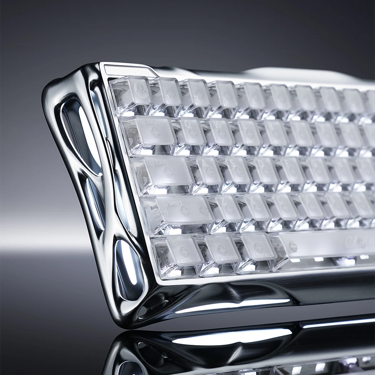 GravaStar Mercury V60 Pro Deluxe Edition Chrome Silver 60% compact aluminum gaming keyboard macro view featuring full frosted transparent PC keycaps, white UFO magnetic switches, metallic chassis finish, True 8kHz polling rate, and 0.125ms low latency.