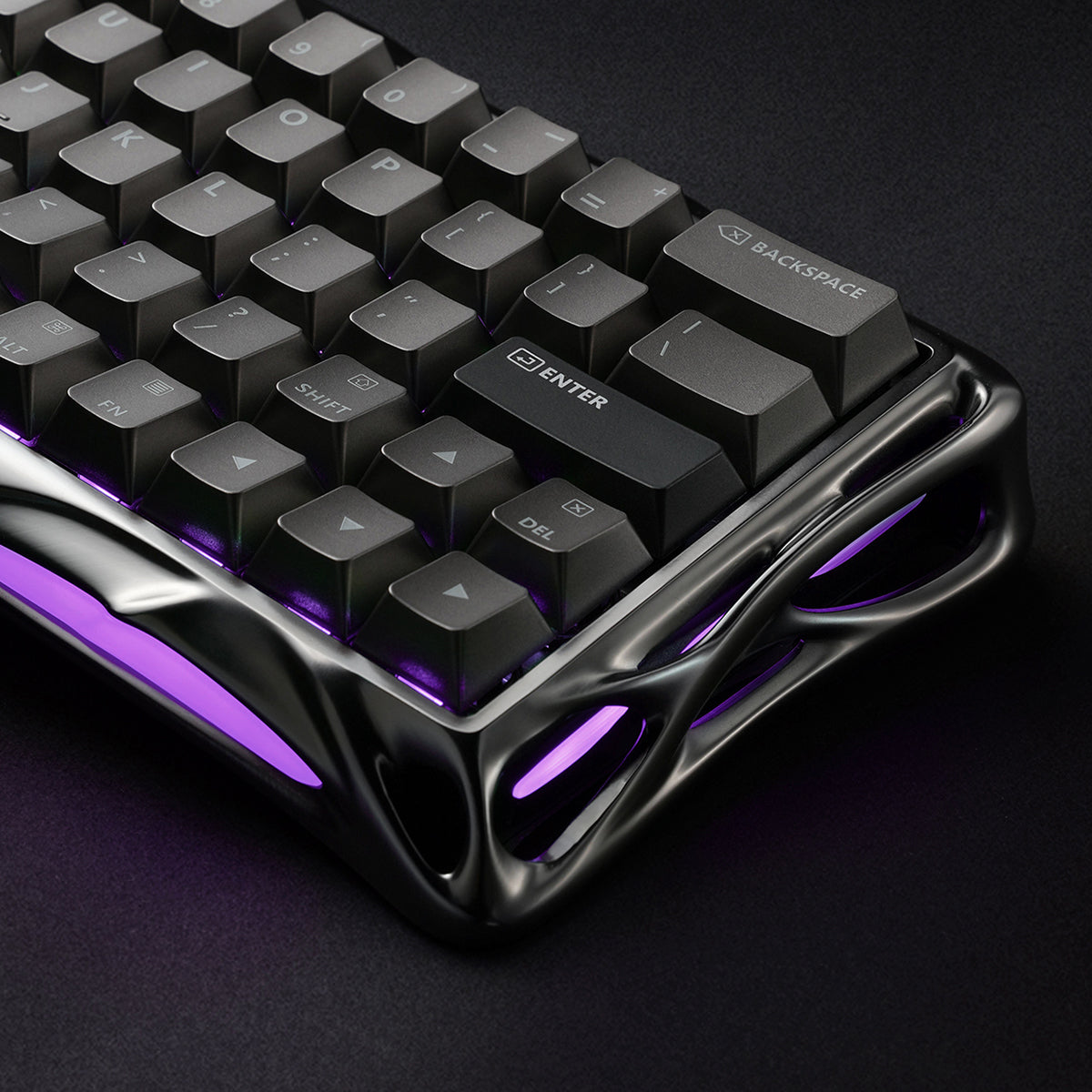 GravaStar Mercury V60 Pro Deluxe Edition GunMetal 60% compact aluminum gaming keyboard macro view featuring purple UFO magnetic switches, purple RGB backlighting, metallic finish chassis, True 8kHz polling rate, and 0.125ms low latency.