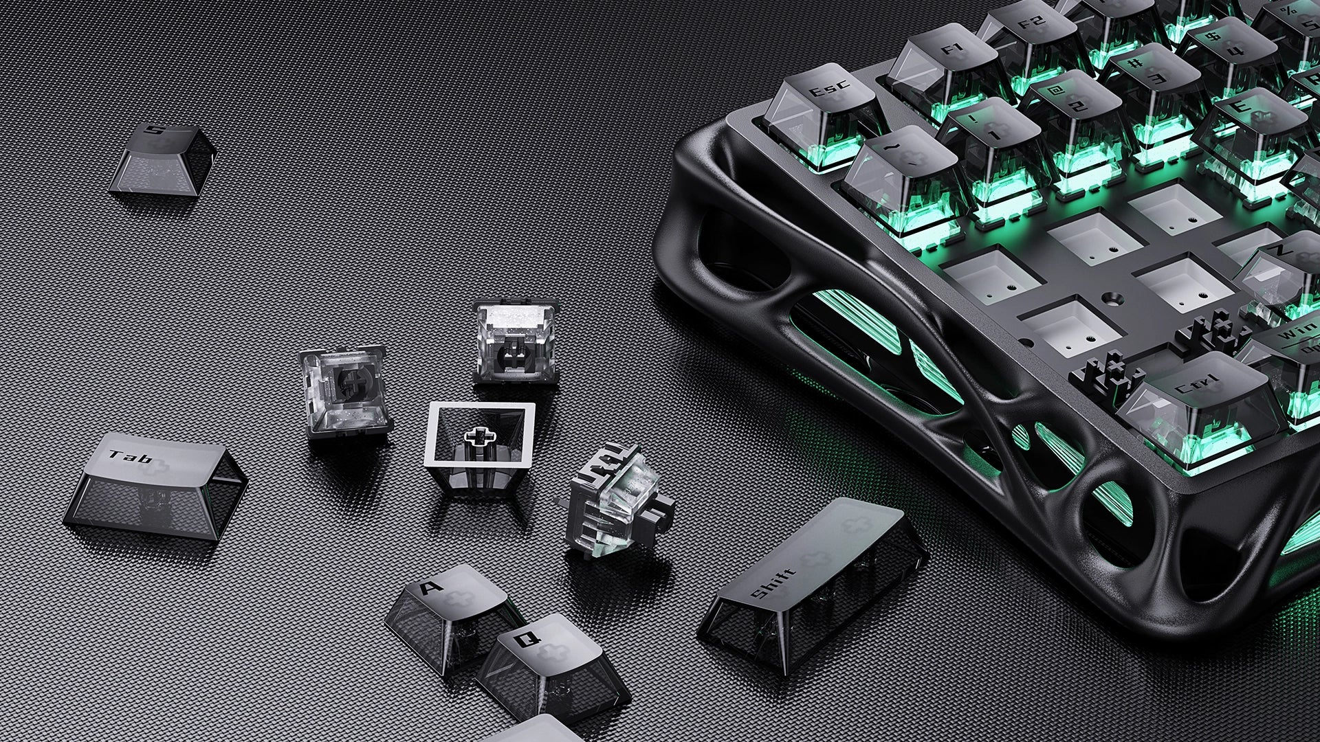 GravaStar Mercury V75 HE magnetic switch gaming keyboard Stealth Black hot-swappable PCB design featuring customizable Hall Effect magnetic switches, transparent PC keycaps, True 8kHz polling rate, and dynamic RGB backlighting.