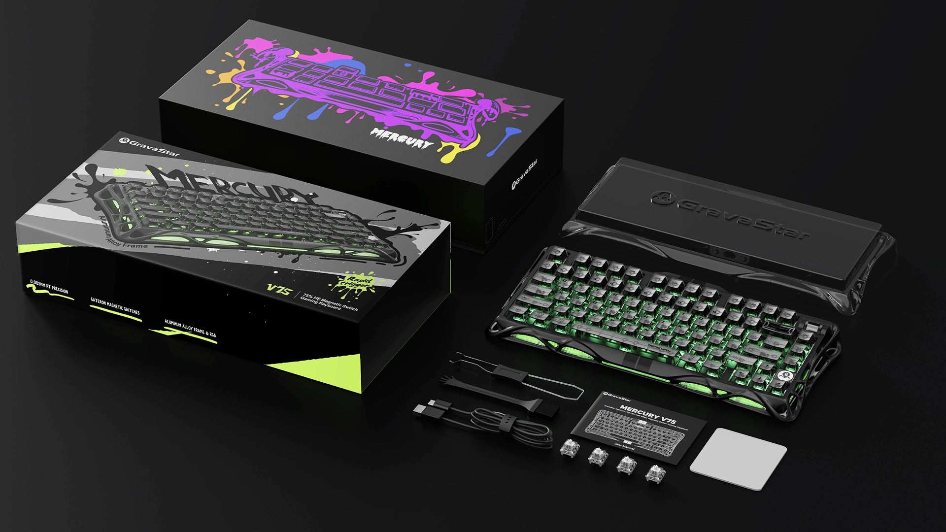 GravaStar Mercury V75 HE magnetic switch gaming keyboard Stealth Black unboxing layout showcasing dual-style packaging boxes, transparent dust cover, Type-C cable, keycap and switch puller, extra Gateron Magnetic Jade Pro switches, cleaning cloth, and brush.